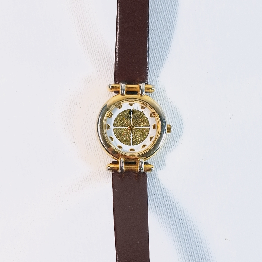 Master Vintage Gold Glitter Brown Leather Band Ladies Wrist Watch, New Battery